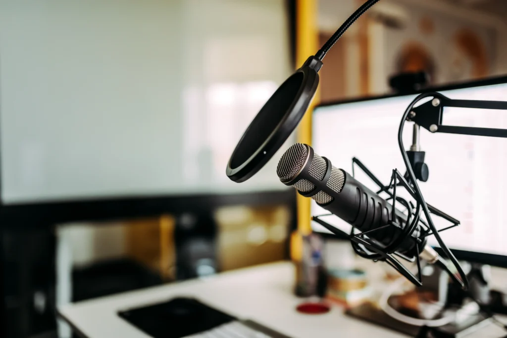 A microphone is sitting on top of the table.