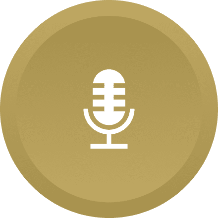 A microphone is shown on the side of a gold circle.