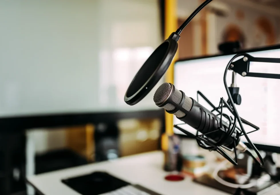 A microphone is sitting on top of the table.
